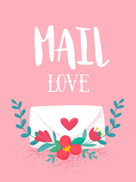 Happy Valentines day banner with cute flowers and love letter on pink background. Vector background.