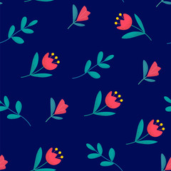Seamless floral pattern with cute flowers on blue background. Ornament for textile and wrapping. Vector.