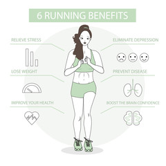 Running black beautiful girl, jogging women, cardio exercise flat Illustration. Health care infographics. 6 Benefits of running 