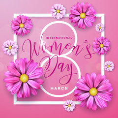 Happy Womens Day Floral Greeting Card Design. International Female Holiday Illustration with Flower and Typography Letter Design on Pink Background. Vector International 8 March Template.