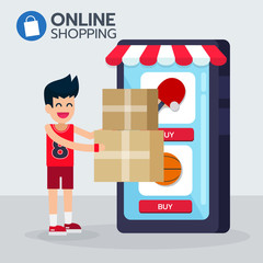 Happy sportman Get box order from e commerce application shopping online  with table tennis, basketball on screen, online service at home. Vector illustration