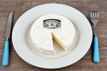 Assiette et couverts avec un camembert pèse personne