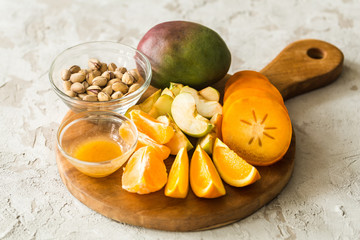 fruits: persimmon, apple, oranges