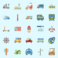 Icons set about Transportation with submarine, train, scooter, driving license, crane and van
