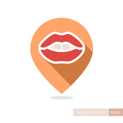 Woman lips pin map icon. Female mouth with teeth