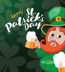 Saint Patricks Day background with cute cartoon leprechaun holding two beers. Bunting, shamrocks and copy space. EPS10 vector illustration.