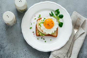 Toast with guacamole sauce from avocado, cheese, fried egg and fresh on white ceramic plate on gray concrete background. Selective focus. Top view.