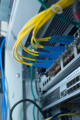 Ethernet Network Switch. Optical fiber cable.