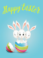 Three hares come out of the broken Easter egg.