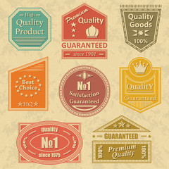 Set of vintage retro labels, stamps. Bright colors. Grunge background