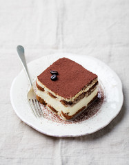 Tiramisu, traditional Italian dessert on a plate