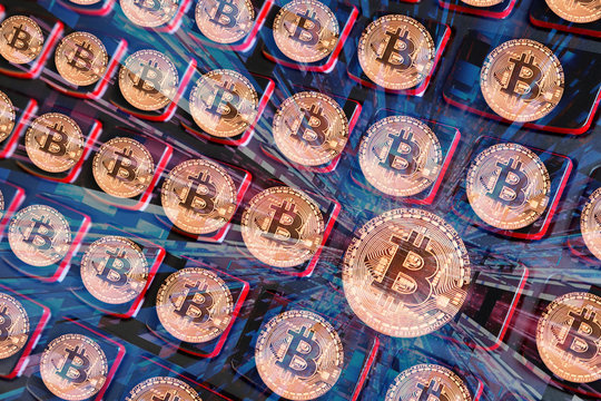 Gold bitcoin cryptocurrency with a latop computer.Cryptocurrency concept.glitch, effect