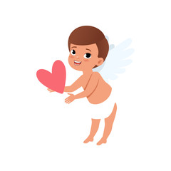 Baby Cupid character holding pink heart, Happy Valentines Day concept vector Illustration