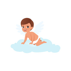 Cute baby Cupid character sitting on a cloud, Happy Valentines Day concept vector Illustration