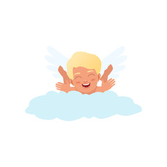 Baby Cupid character playfully lying on a cloud, Happy Valentines Day concept vector Illustration