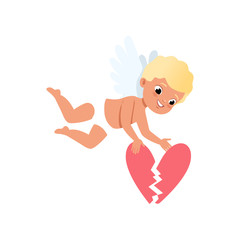 Baby Cupid character flying and holding pink broken heart, Happy Valentines Day concept vector Illustration
