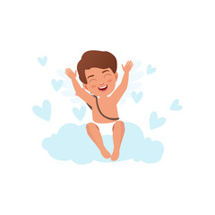 Baby Cupid character sitting on a cloud surrounded by hearts, Happy Valentines Day concept vector Illustration
