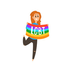 Smiling woman holding large rainbow flag, lgbt pride concept cartoon vector Illustration