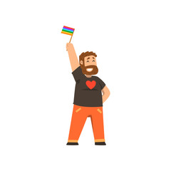 Smiling man holding rainbow flag, lgbt pride concept cartoon vector Illustration