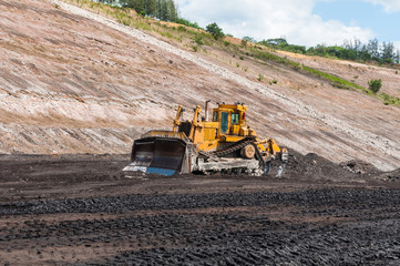 Mining Equipment or Mining Machinery, Bulldozer, wheel loader, shovels, loading of coal, ore on the dump truck from open-pit or open-cast mine as the Coal Production.