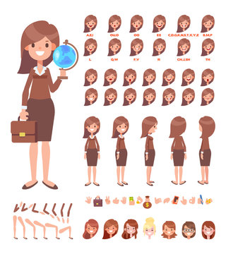 Front, side, back view animated character. Young woman teacher creation set with various views, hairstyles, face emotions, poses and gestures. Cartoon style, flat vector illustration.