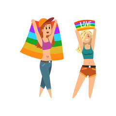 Lesbian couple woman holding rainbow flags, lgbt community celebrating gay pride cartoon vector Illustration