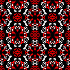 Black red and white floral seamless pattern. Wallpaper background