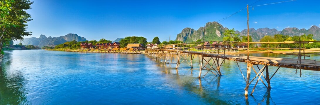 Beautiful View Of A Bamboo Bridge. Laos Landscape. Panorama