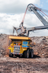 Electric rope shovels loading of coal, ore on the dump truck. The big dump truck is mining machinery, or mining equipment to transport coal from open-pit or open-cast mine as the Coal Production