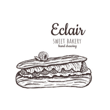 Eclair sketch. Eclair with raspberries. 