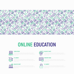 Fototapeta na wymiar Online education concept with thin line icons: online course, webinar, e-book, video conference, home studying, wise owl in graduation cup. Modern vector illustration for school web page.