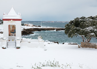 Santa Maria al Bagno after a exceptional snowfall, salento, italy