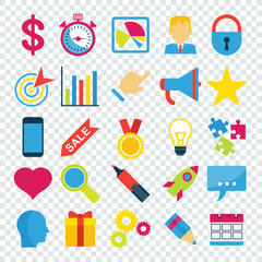 Business icons set on transparent. Flat vector cartoon illustration. Objects isolated on white background.