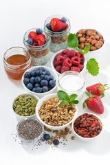 foods for healthy nutrition and breakfast on white background, top view