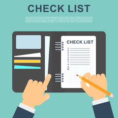 Businessmen put marks in the checklist. Office planning and management. Flat vector cartoon illustration. Objects isolated on white background.