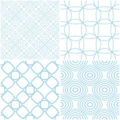 Geometric patterns. Set of blue elements on white. Seamless backgrounds