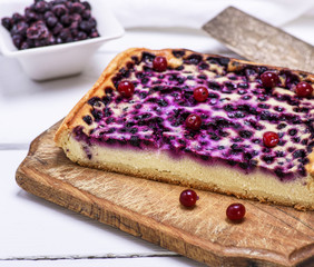 a piece of baked pie from cottage cheese and blueberries