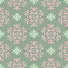 Floral seamless pattern. Olive green background with pale pink flower elements
