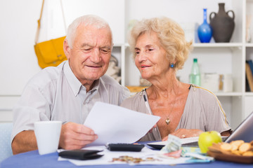 Smiling senior couple counting home finances