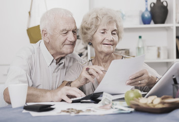 Happy senior spouses with bills and laptop