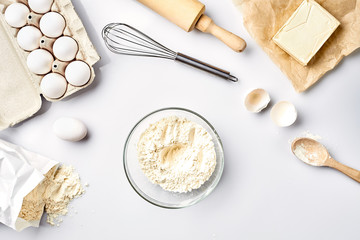 Baking ingredients for pastry on the white table