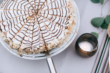 wedding chocolate dessert pie on the table