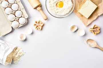 Fototapeta na wymiar Baking ingredients for pastry on the white table
