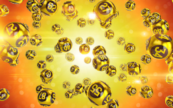 Gold Bingo balls fall randomly on yellow background. Lottery Number Balls. Golden balls. Bingo ball. Bingo golden balls with numbers. 3d illustration.