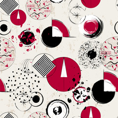 seamless geometric pattern background, retro/vintage style, with circles, strokes and splashes