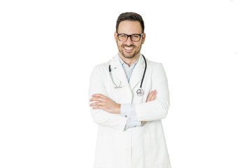 Smiling medical doctor with stethoscope isolated over white background