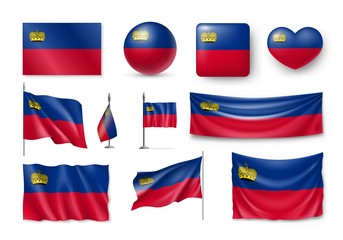 Set Liechtenstein flags, banners, banners, symbols, flat icon. Vector illustration of collection of national symbols on various objects and state signs