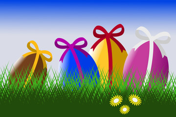 Easter eggs in the grass with blue sky