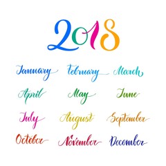 2018, multicolored names months, calendar, lettering. Set of all twelve periods of year for illustrators and designers. Vector illustration