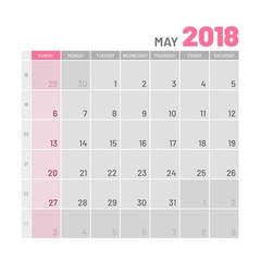 Practical light-colored planner, 2018, May, flat. Useful calendar for taking every day notes. Vector illustration